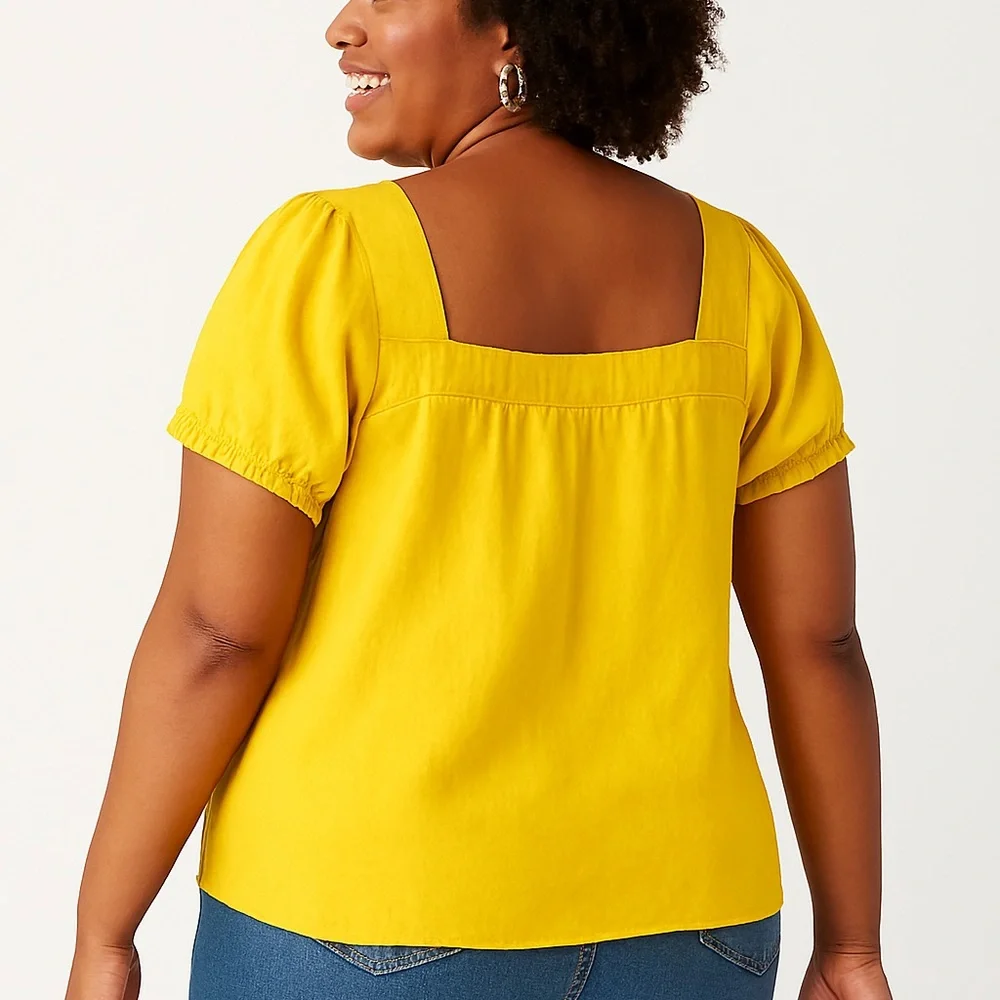 Boden Mustard Yellow 100% Linen Puff Sleeve Square Neck Blouse